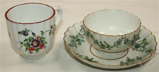 A Bristol fluted coffee cup and a Worcester tea bowl and saucer, c.1770-80, saucer 4.9in.